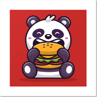 Cute Panda Eating Burger Cartoon Posters and Art